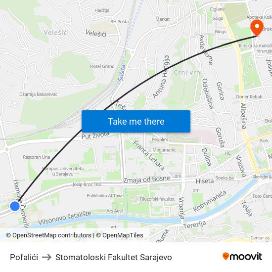 Pofalići to Stomatoloski Fakultet Sarajevo map