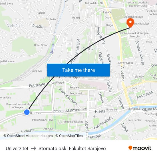 Univerzitet to Stomatoloski Fakultet Sarajevo map
