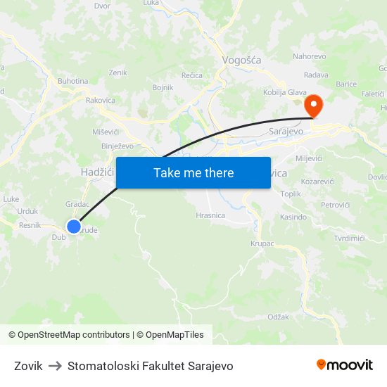 Zovik to Stomatoloski Fakultet Sarajevo map