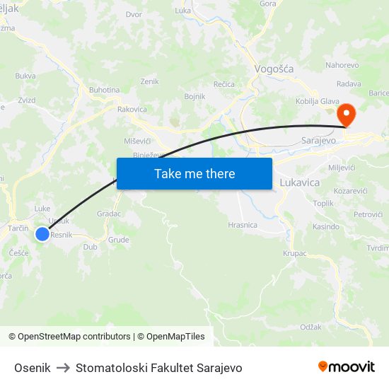 Osenik to Stomatoloski Fakultet Sarajevo map