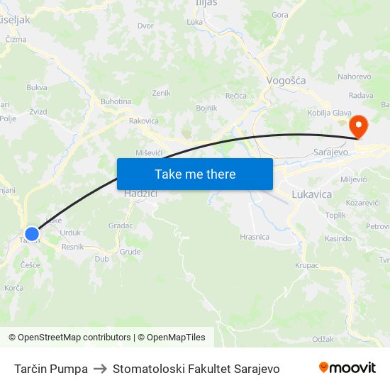 Tarčin Pumpa to Stomatoloski Fakultet Sarajevo map