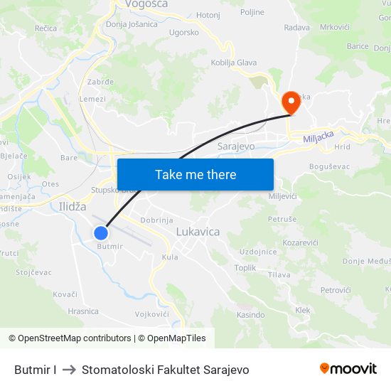 Butmir I to Stomatoloski Fakultet Sarajevo map