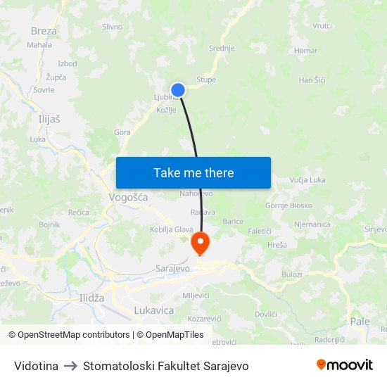 Vidotina to Stomatoloski Fakultet Sarajevo map