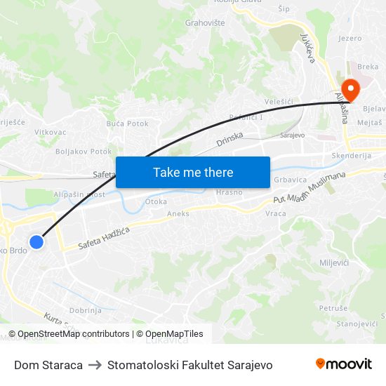 Dom Staraca to Stomatoloski Fakultet Sarajevo map