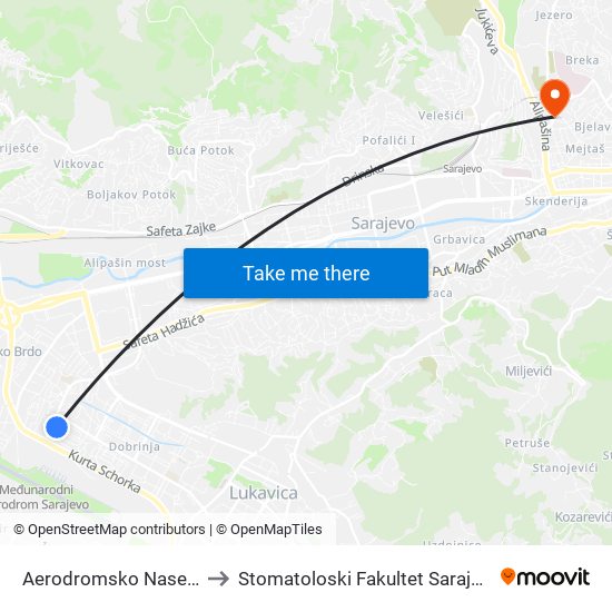 Aerodromsko Naselje to Stomatoloski Fakultet Sarajevo map