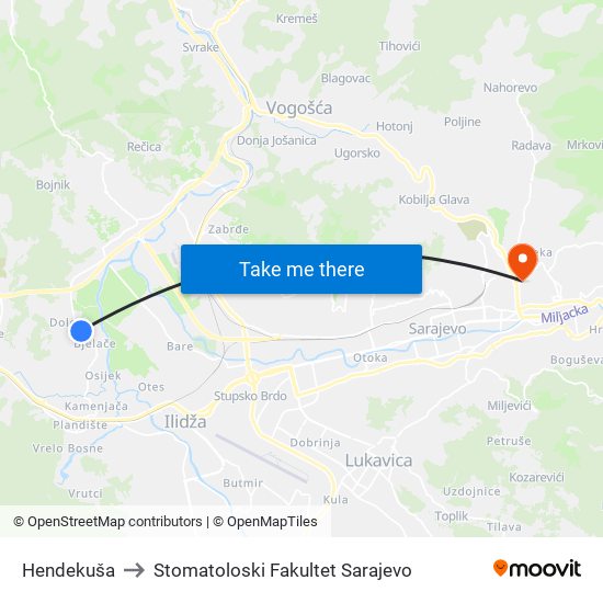 Hendekuša to Stomatoloski Fakultet Sarajevo map