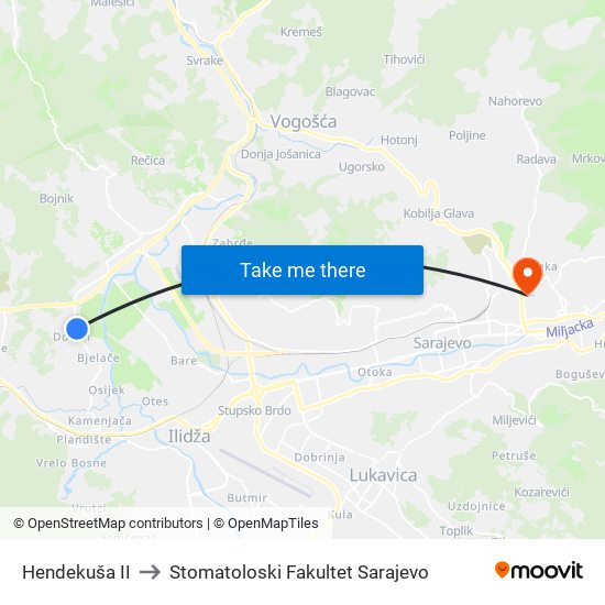 Hendekuša II to Stomatoloski Fakultet Sarajevo map