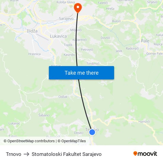 Trnovo to Stomatoloski Fakultet Sarajevo map