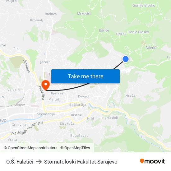 O.Š. Faletići to Stomatoloski Fakultet Sarajevo map