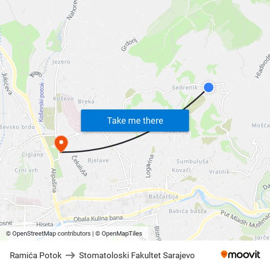 Ramića Potok to Stomatoloski Fakultet Sarajevo map
