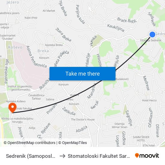 Sedrenik (Samoposluga) to Stomatoloski Fakultet Sarajevo map