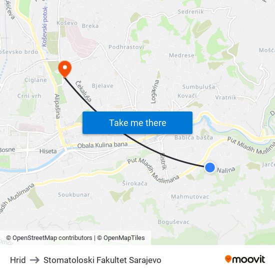 Hrid to Stomatoloski Fakultet Sarajevo map