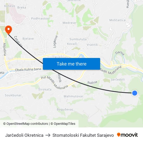 Jarčedoli Okretnica to Stomatoloski Fakultet Sarajevo map