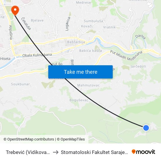 Trebević (Vidikovac) to Stomatoloski Fakultet Sarajevo map