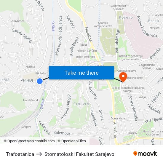 Trafostanica to Stomatoloski Fakultet Sarajevo map