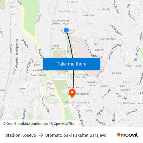 Stadion Koševo to Stomatoloski Fakultet Sarajevo map