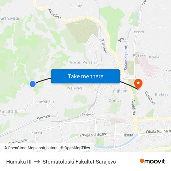 Humska III to Stomatoloski Fakultet Sarajevo map