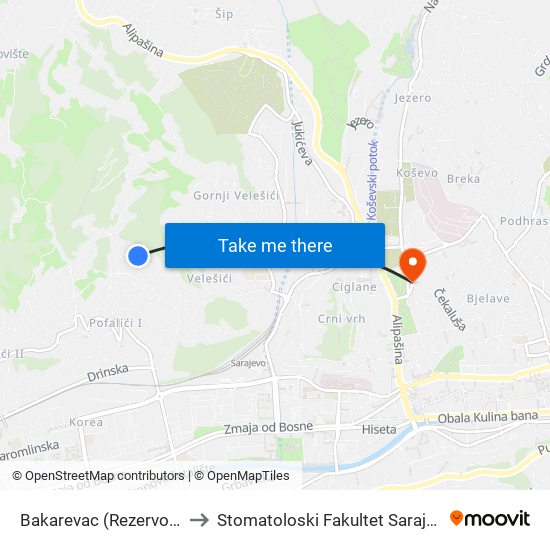 Bakarevac (Rezervoar) to Stomatoloski Fakultet Sarajevo map