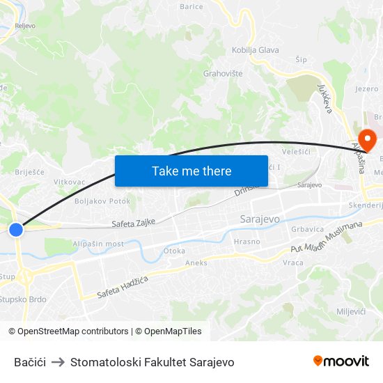 Bačići to Stomatoloski Fakultet Sarajevo map