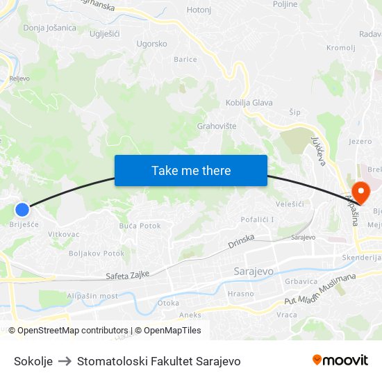 Sokolje to Stomatoloski Fakultet Sarajevo map