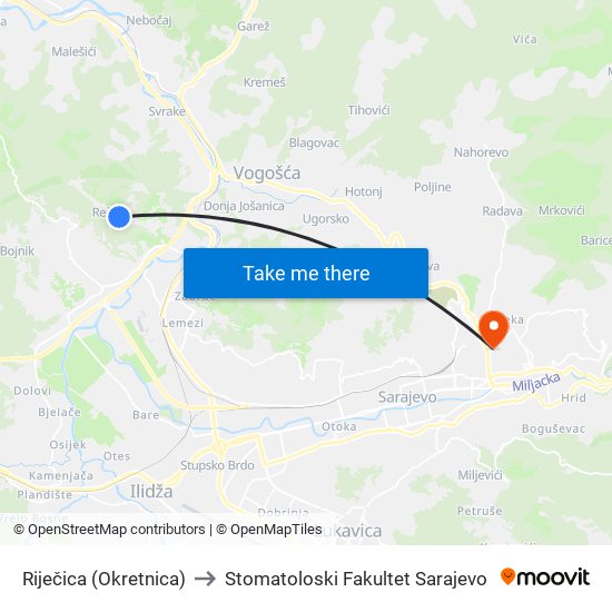 Riječica (Okretnica) to Stomatoloski Fakultet Sarajevo map