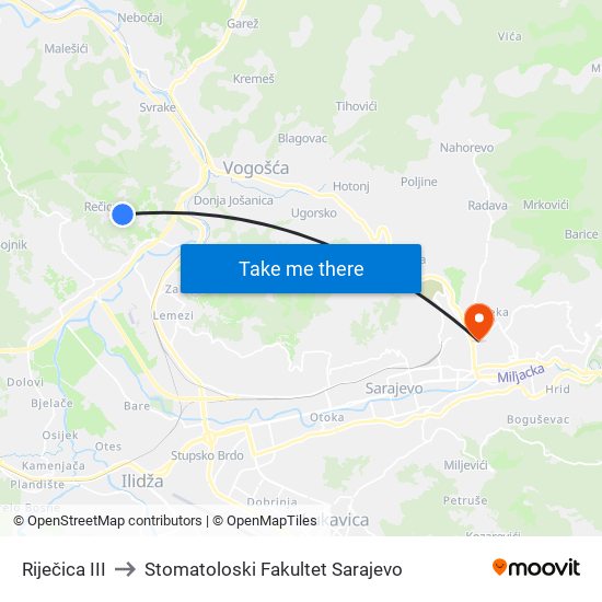 Riječica III to Stomatoloski Fakultet Sarajevo map