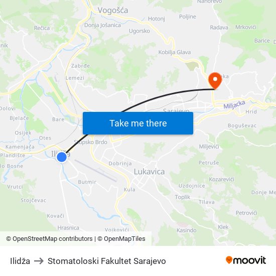 Ilidža to Stomatoloski Fakultet Sarajevo map