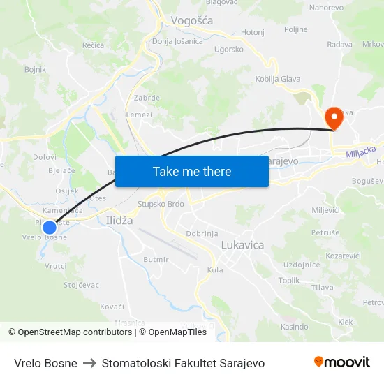 Vrelo Bosne to Stomatoloski Fakultet Sarajevo map