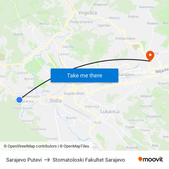 Sarajevo Putevi to Stomatoloski Fakultet Sarajevo map