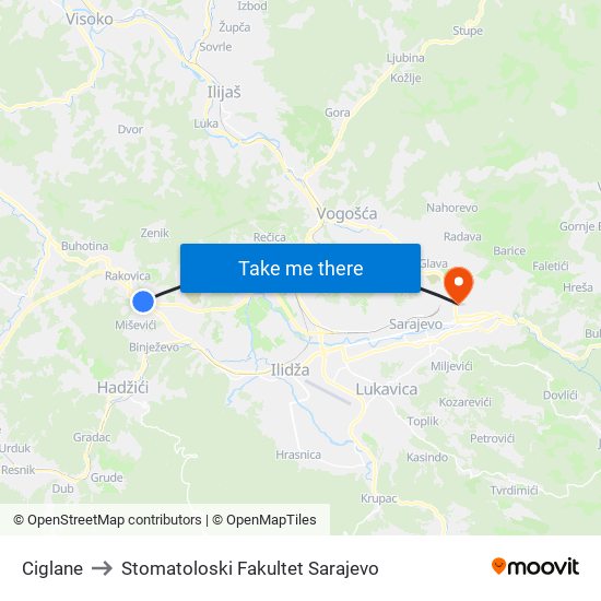 Ciglane to Stomatoloski Fakultet Sarajevo map