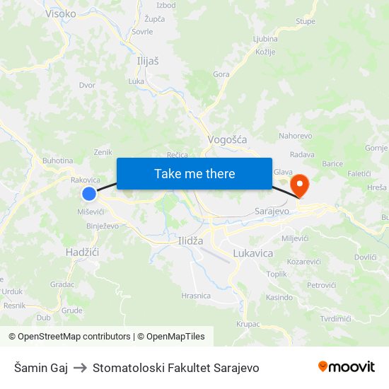 Šamin Gaj to Stomatoloski Fakultet Sarajevo map