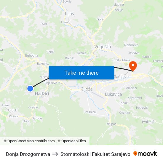 Donja Drozgometva to Stomatoloski Fakultet Sarajevo map