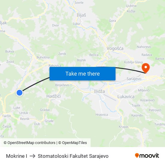 Mokrine I to Stomatoloski Fakultet Sarajevo map