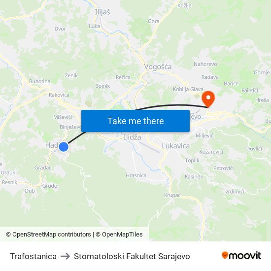 Trafostanica to Stomatoloski Fakultet Sarajevo map