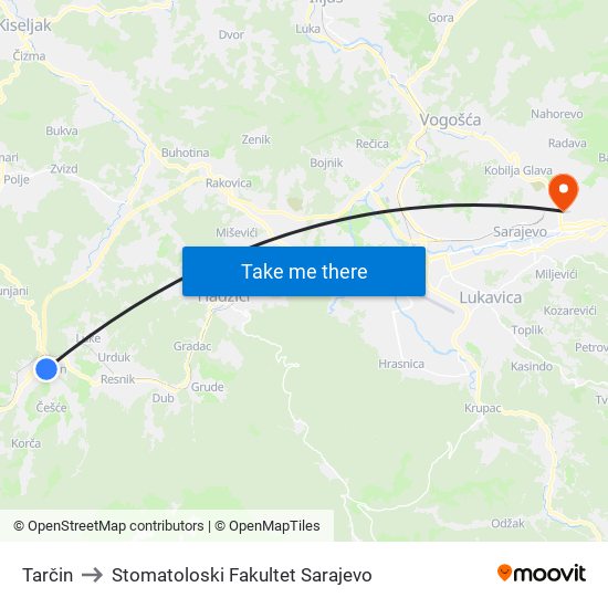 Tarčin to Stomatoloski Fakultet Sarajevo map