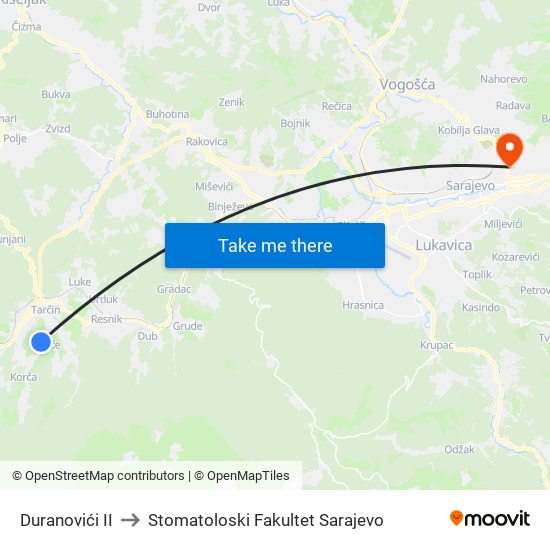 Duranovići II to Stomatoloski Fakultet Sarajevo map