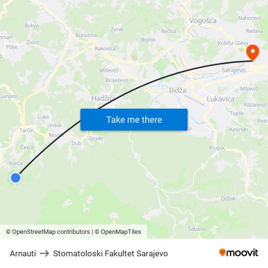 Arnauti to Stomatoloski Fakultet Sarajevo map