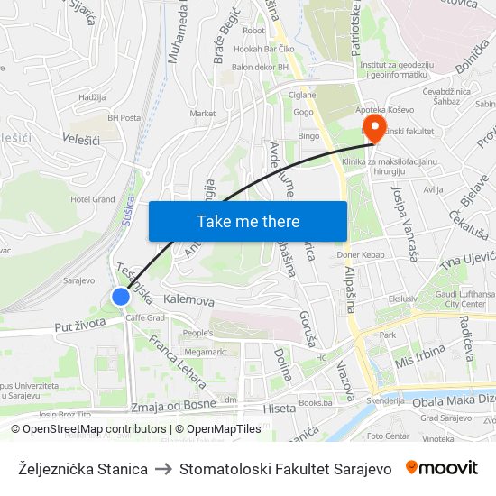 Željeznička Stanica to Stomatoloski Fakultet Sarajevo map