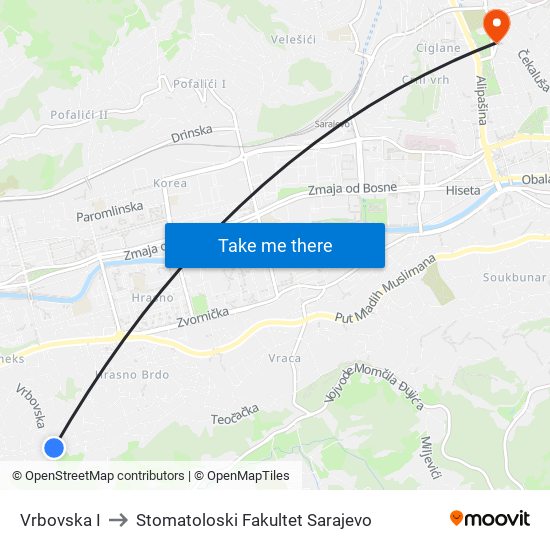 Vrbovska I to Stomatoloski Fakultet Sarajevo map