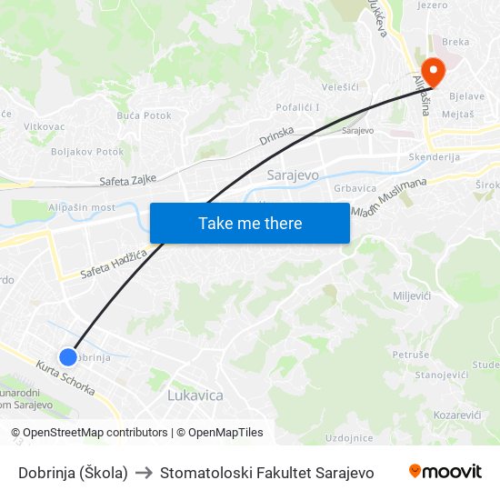 Dobrinja (Škola) to Stomatoloski Fakultet Sarajevo map