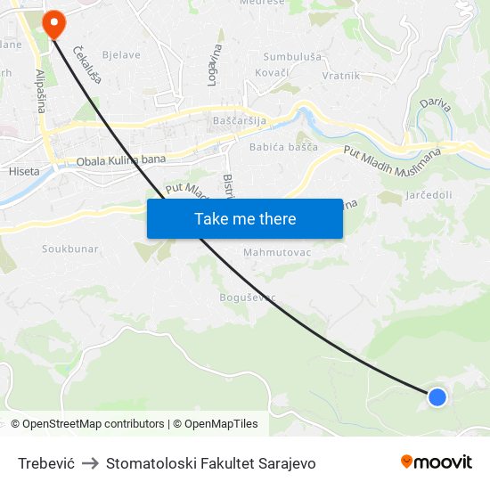 Trebević to Stomatoloski Fakultet Sarajevo map