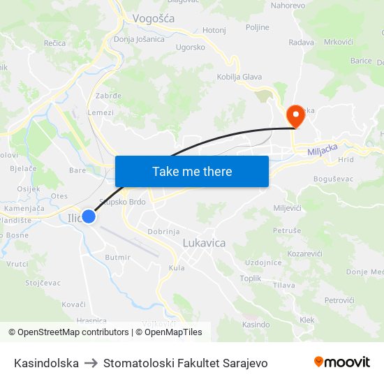 Kasindolska to Stomatoloski Fakultet Sarajevo map