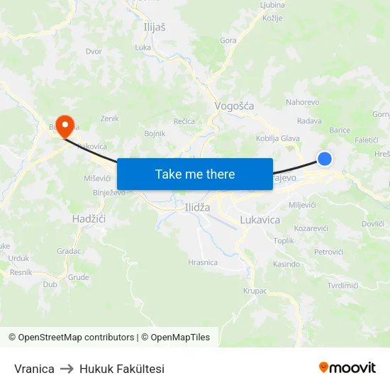 Vranica to Hukuk Fakültesi map