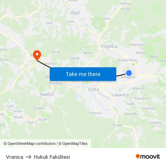 Vranica to Hukuk Fakültesi map