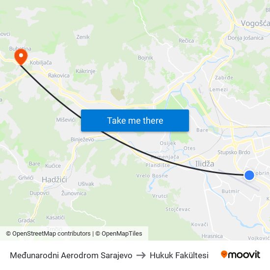 Međunarodni Aerodrom Sarajevo to Hukuk Fakültesi map