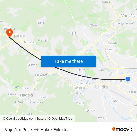 Vojničko Polje to Hukuk Fakültesi map