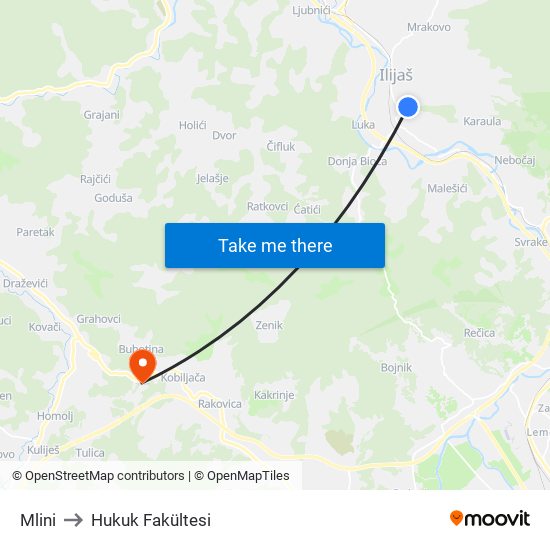 Mlini to Hukuk Fakültesi map