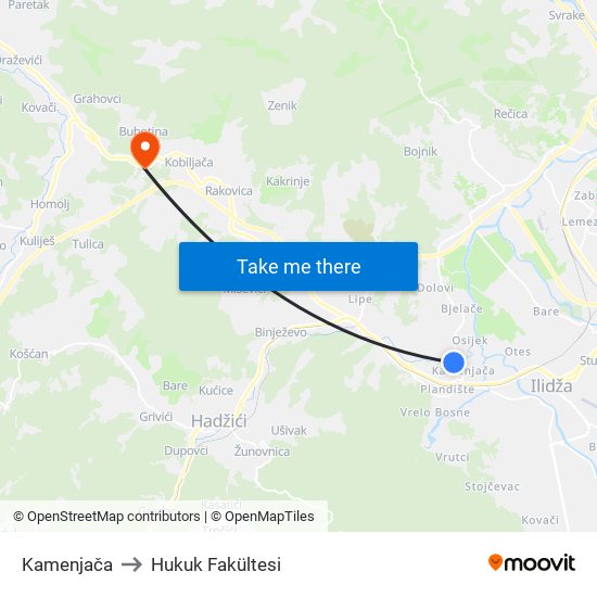 Kamenjača to Hukuk Fakültesi map