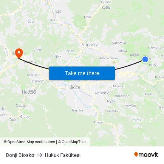 Donji Biosko to Hukuk Fakültesi map