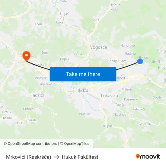 Mrkovići (Raskršće) to Hukuk Fakültesi map